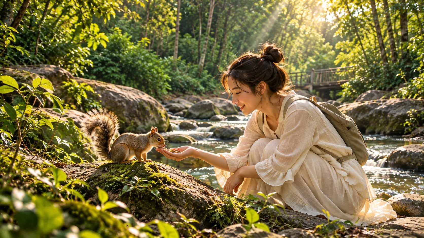 Cô gái cho sóc ăn bên dòng suối
