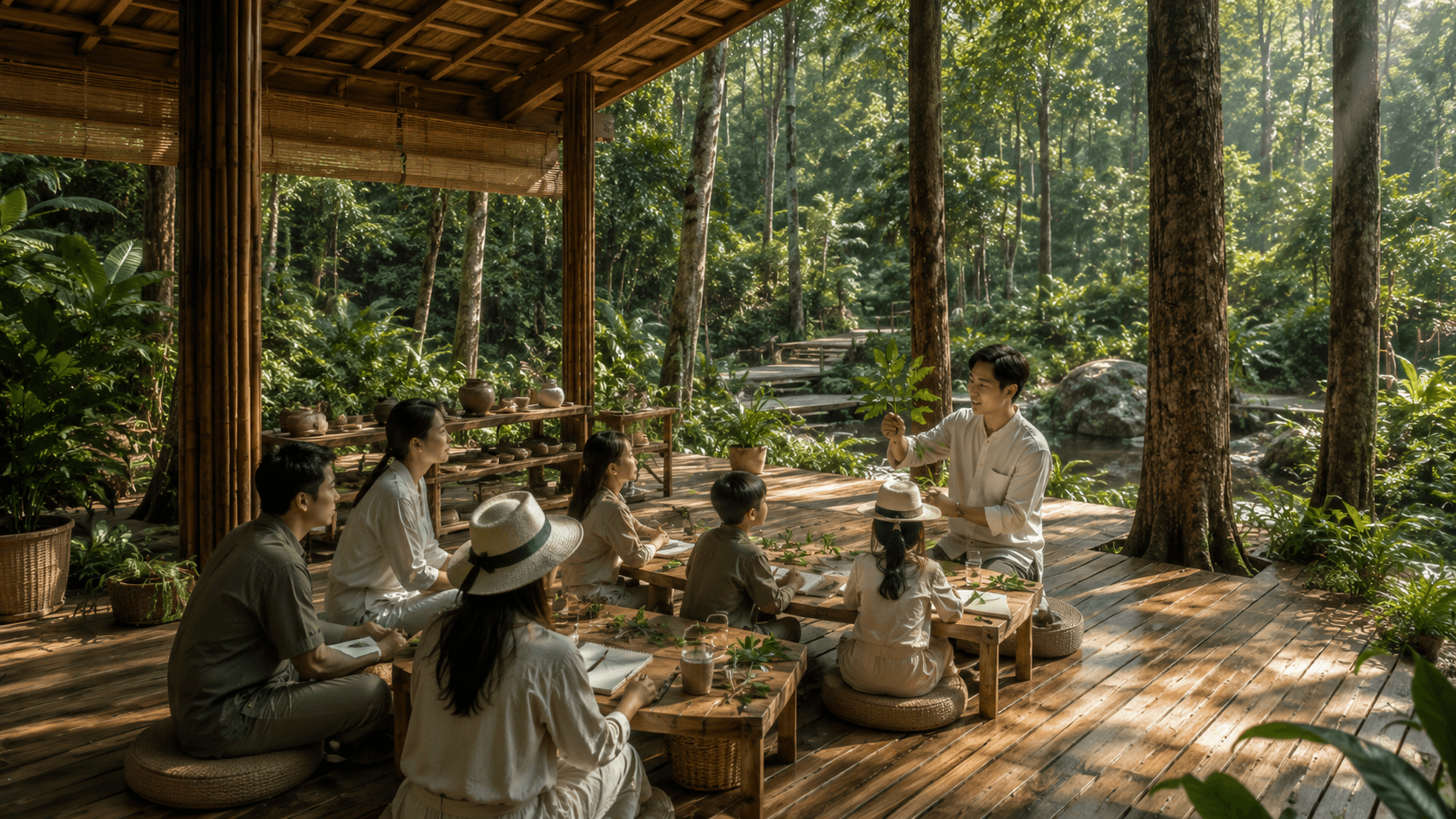 Mọi người ngồi trò chuyện dưới tán rừng
