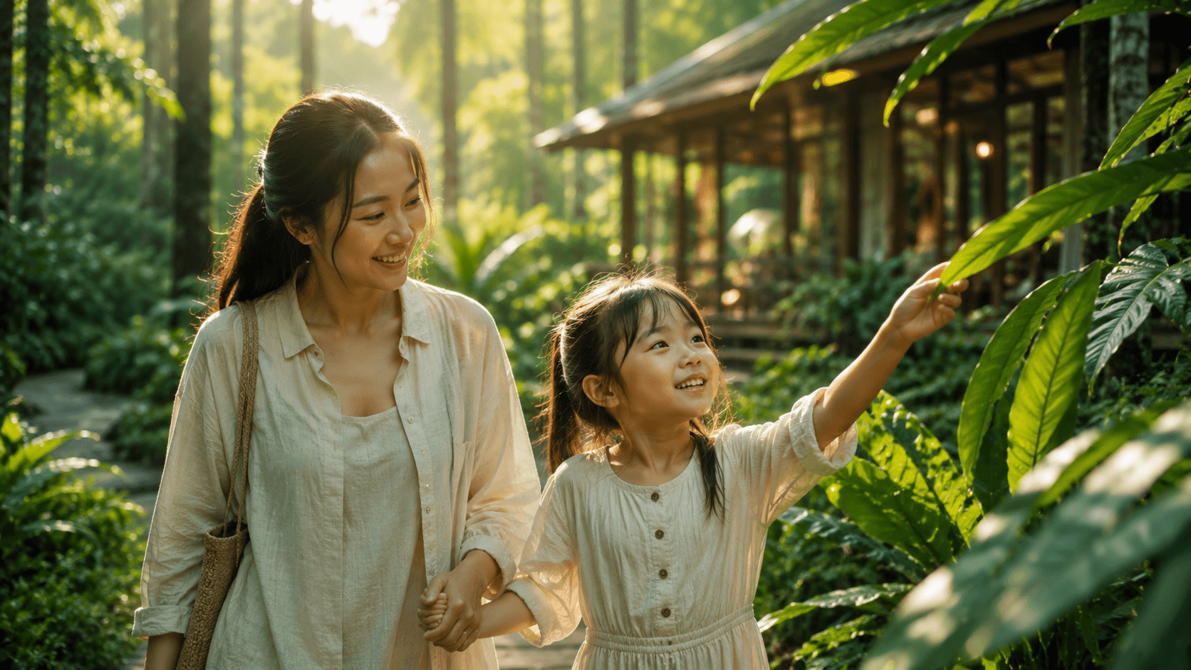 Mẹ và con gái dạo bước trong rừng