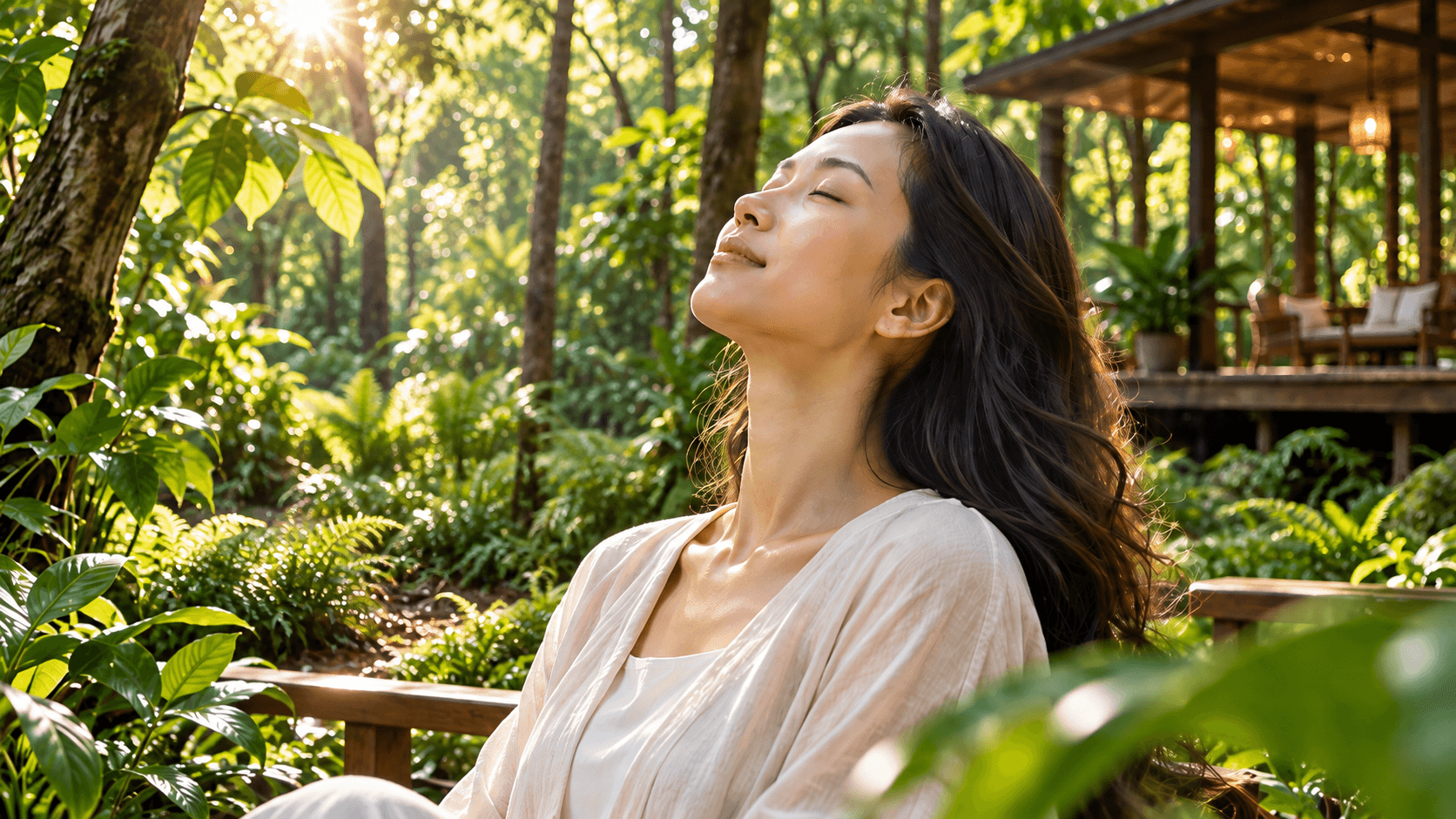 Người phụ nữ nhắm mắt hít thở giữa thiên nhiên