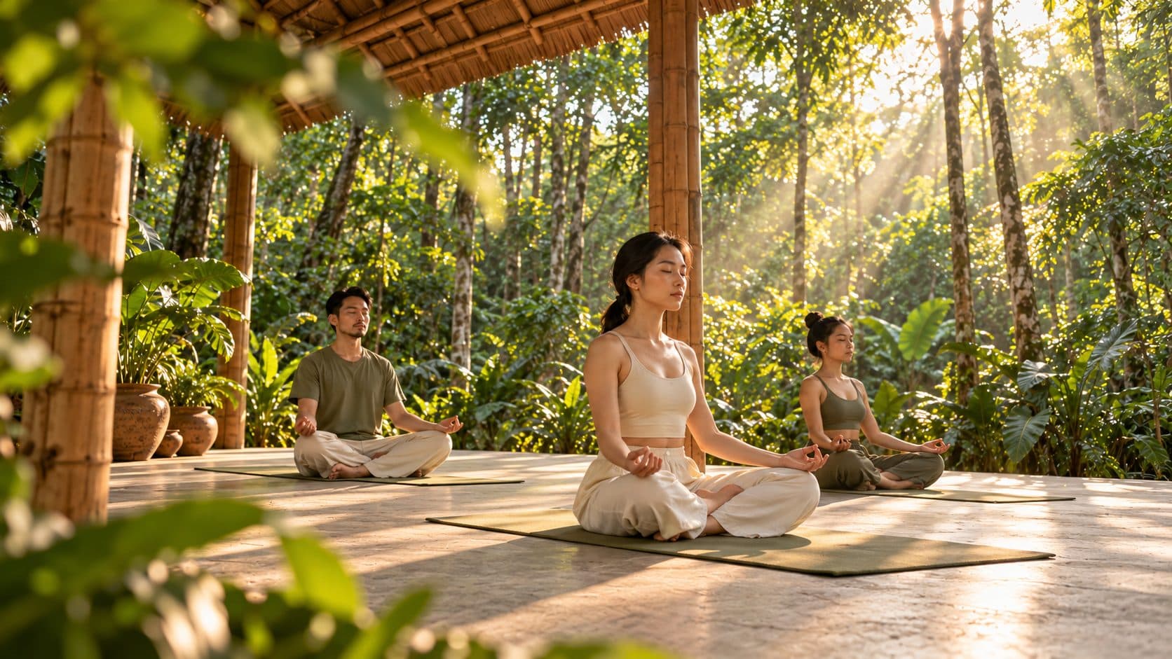 Ba người ngồi thiền trên sàn gỗ dưới mái tre giữa rừng