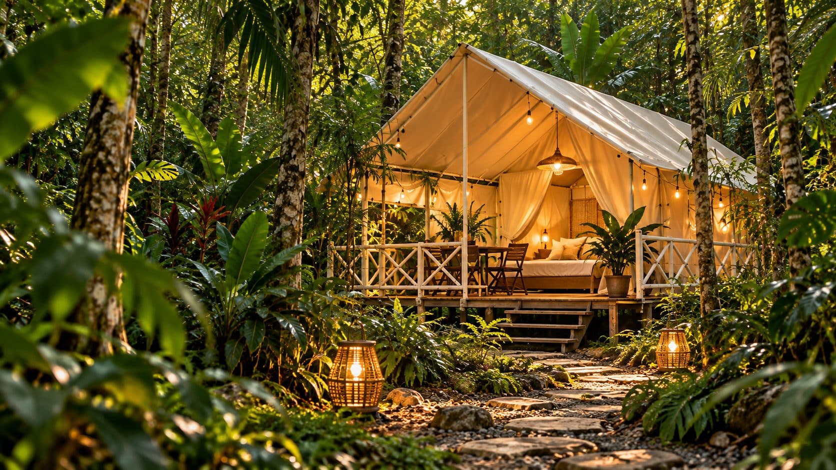 Lều glamping sáng đèn giữa rừng nhiệt đới