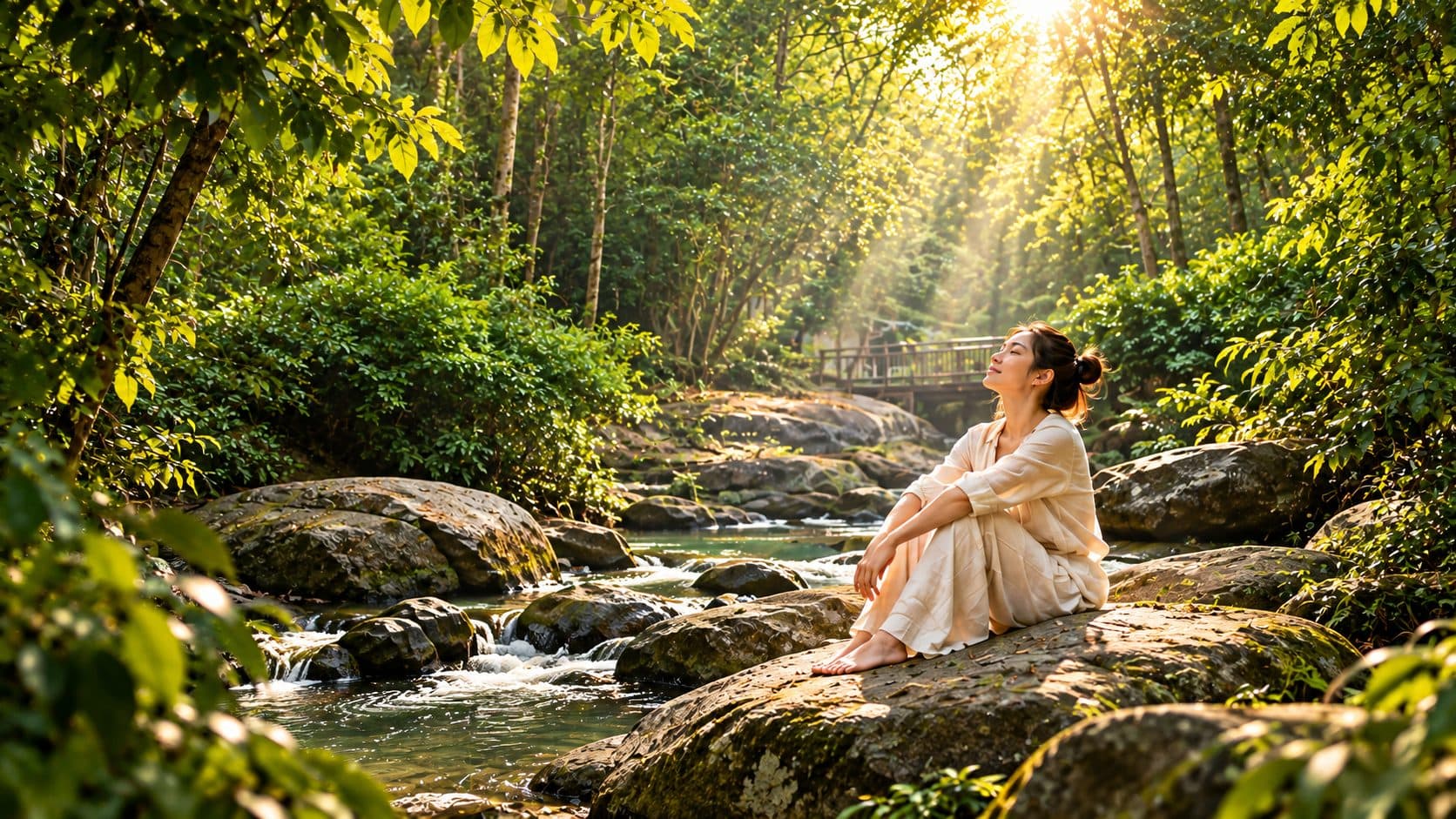 Cô gái ngồi thư thái trên tảng đá bên suối trong rừng nắng