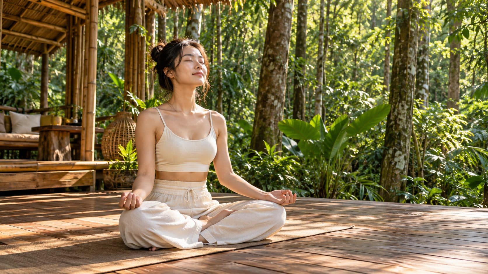 Cô gái ngồi thiền trên sàn gỗ giữa rừng