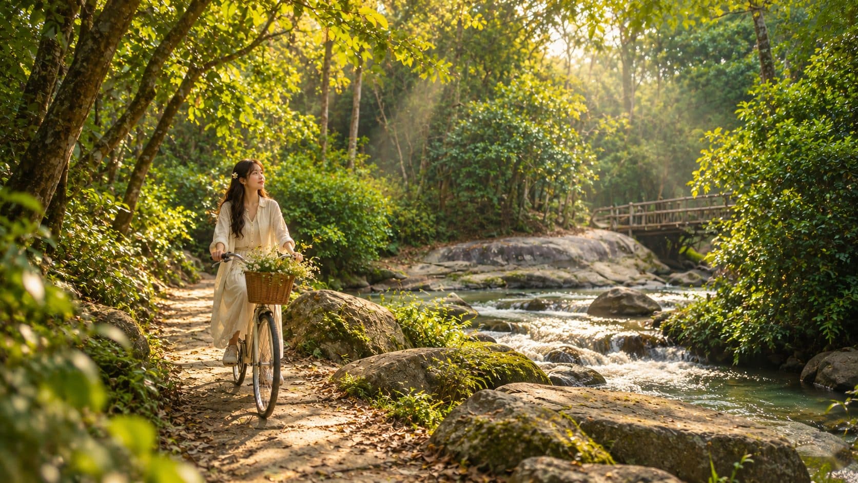 Cô gái dắt xe đạp trên lối mòn trong rừng