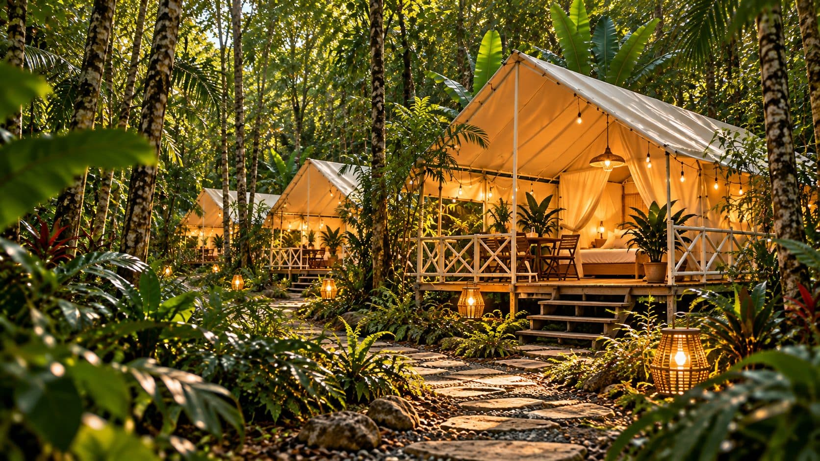 Lều glamping có hiên gỗ và đèn lồng giữa rừng