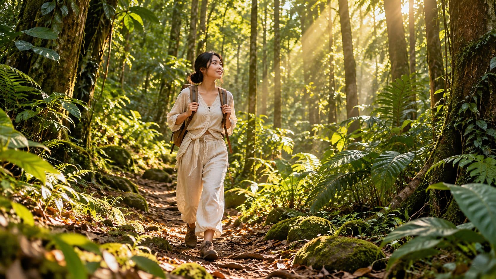 Cô gái đeo ba lô đi bộ trên lối mòn dưới tán rừng