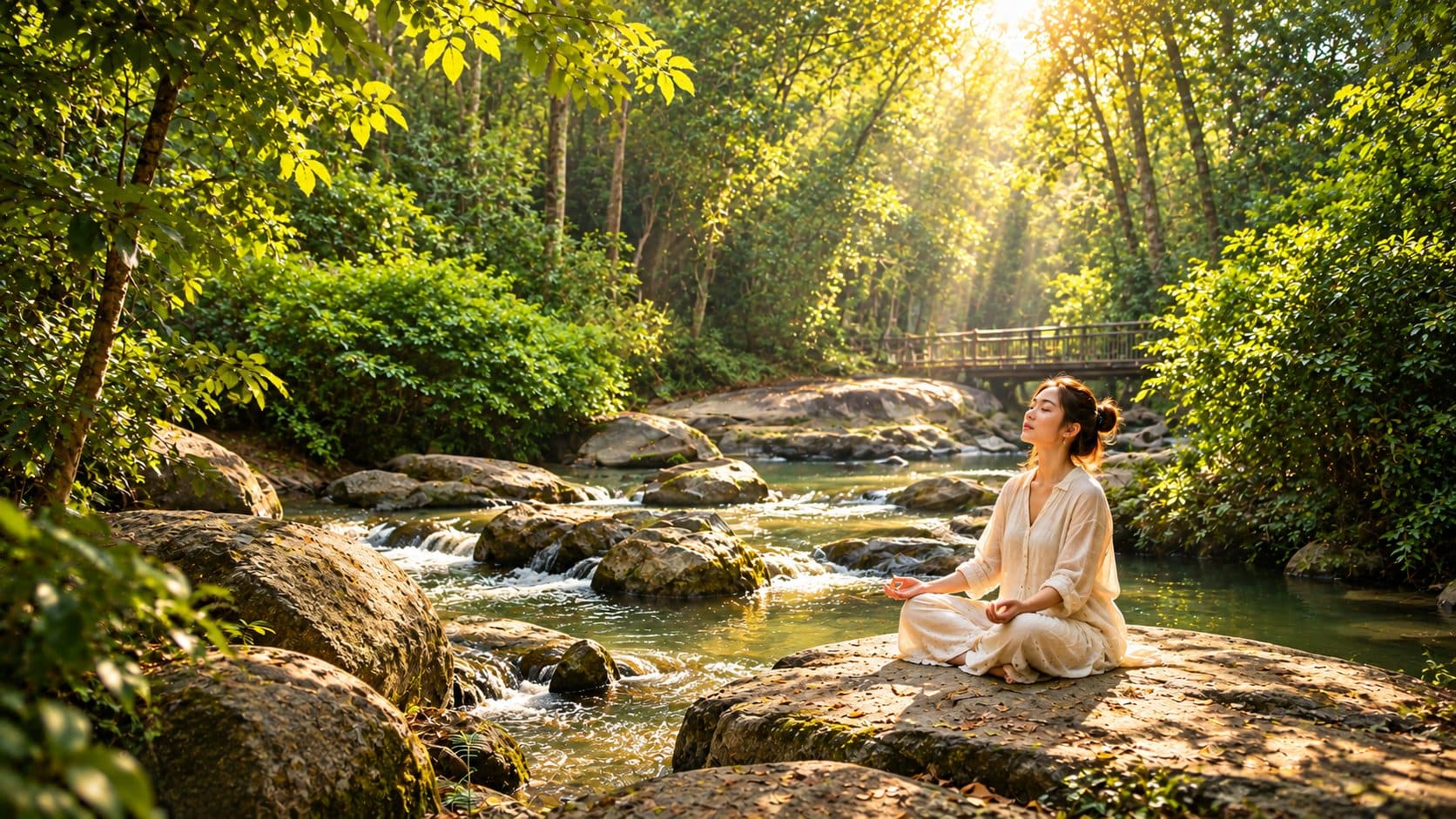 Người ngồi thiền trên tảng đá bên suối