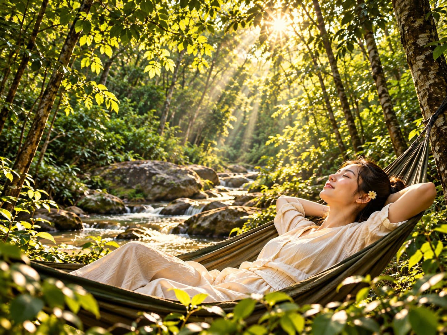 Cô gái nằm võng thư giãn giữa rừng