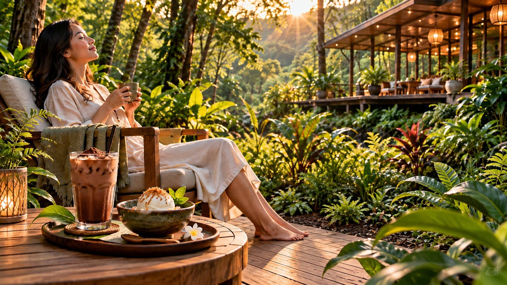 Người phụ nữ thư thái thưởng trà trên hiên gỗ giữa rừng