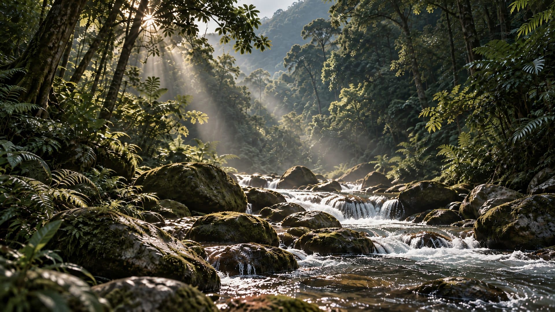 Ghềnh đá và dòng suối trong rừng