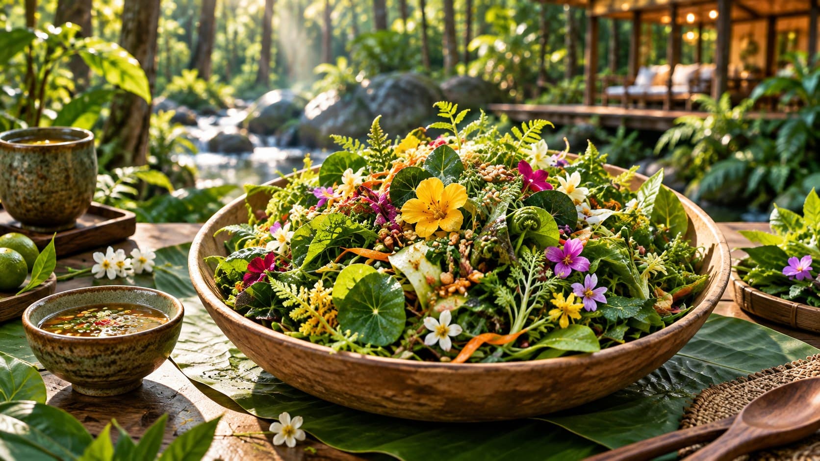 Mâm rau rừng và hoa tươi