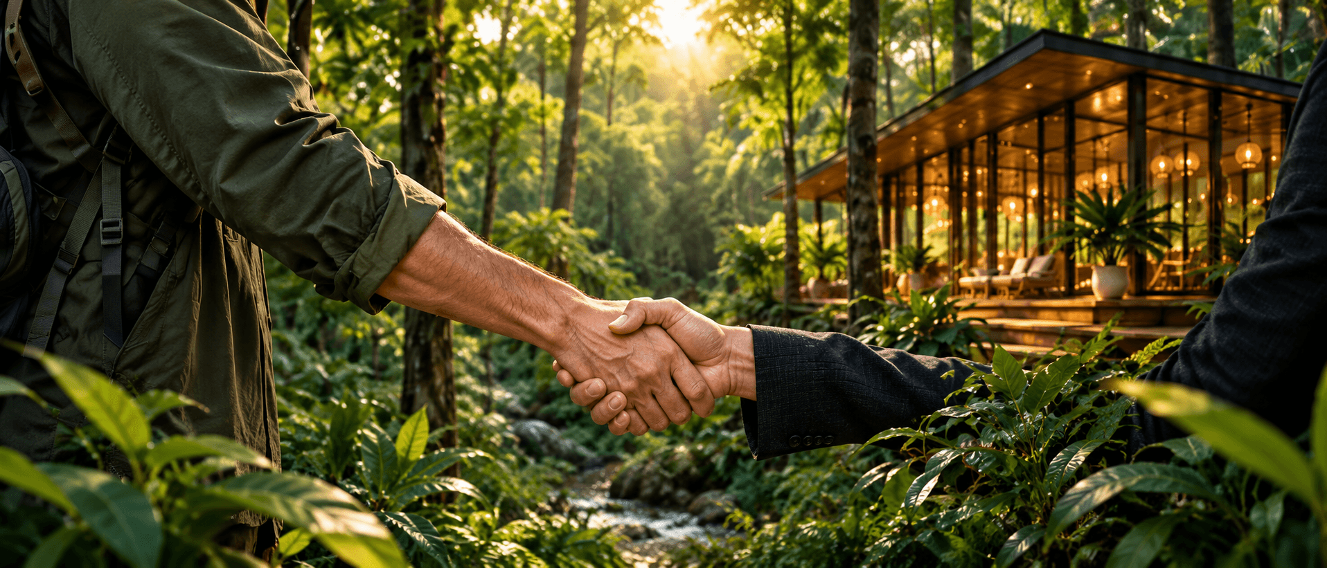 Hai bàn tay bắt nhau giữa rừng xanh