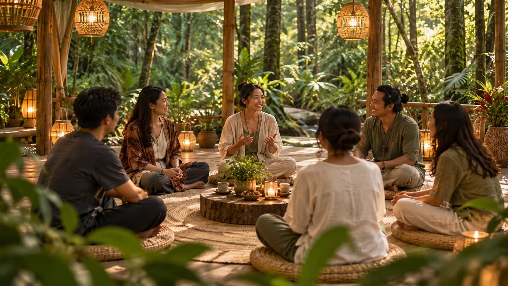 Nhóm bạn ngồi quây quần trò chuyện dưới tán rừng