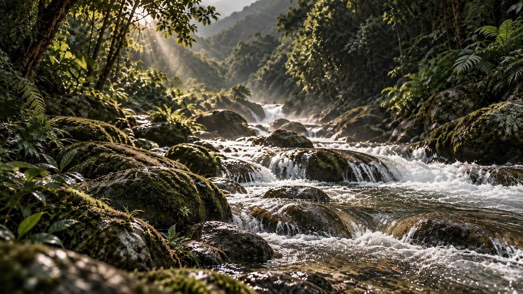 Nắng xuyên qua tán rừng bên suối